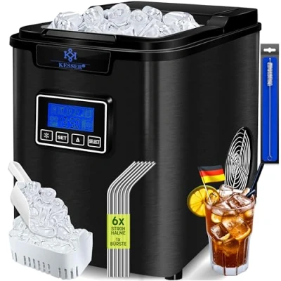 Abbildung von KESSER® Eiswürfelbereiter Eiswürfelmaschine Edelstahl 150W Ice Maker 12 kg 24 h 3 Würfelgrößen Zubereitung in 7 min 2,2 Liter Wassertank Timer LCD Display Inkl. Zubehör, Schwarz