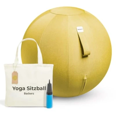 Abbildung von Backerz® Sitzball 65 cm Ergonomische Sitzmöbel für Büro und Heimbüro Langlebiger Stoff, Gymnastikball Fitness Ball, Ballstuhl mit Ballauflage Waschbarer Leinenbezug Gelb