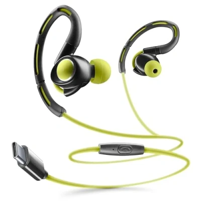 Abbildung von cellularline USB C Sport In Ear Kopfhörer Bluetooth Sportbügel für mehr Stabilität Integriertes Mikrofon Anrufannahme Taste Limette