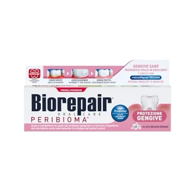 Abbildung von Biorepair, Zahnpasta Zahnfleischschutz Peribiom, 12 Packungen à 75 ml, bekämpft und verhindert Zahnfleischprobleme, mit Probiotika, feuchtigkeitsspendende Hyaluronsäure, ohne Fluorid