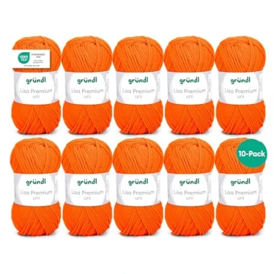 Abbildung von Gründl Wolle Lisa Premium Uni Strickgarn aus 100 % Polyacryl, Garn zum Häkeln/ Stricken 50 g / 133 m, 10 x Knäuel, Nadel: 3,5 4,5, Neonorange
