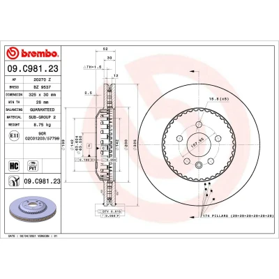 Abbildung von BREMBO 09.C981.23 Bremsscheibe 325 30 5 innenbelüftet, Verbundbremsscheibe beschichtet hochgekohlt LAND ROVER: Discovery Sport, Range Rover Evoque
