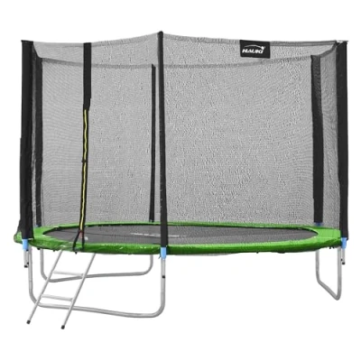 Abbildung von Hauki Gartentrampolin Kindertrampolin GS geprüftes Outdoor Trampolin Komplettset max. 150kg, Ø 305 cm, für Kinder Ø305cm mit Sicherheitsnest &amp; Leiter Grün