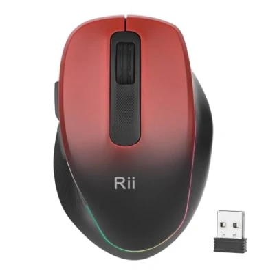 Abbildung von Rii Maus Kabellos, Ergonomische Maus, Funkmaus für Laptop, 2,4 GHz Kabellose Computer 1000/1200/1600, Wiederaufladbare (Rot Schwarzer Farbverlauf)