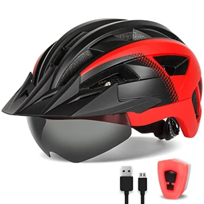 Abbildung von FUNWICT Fahrradhelm mit Visier für Herren Damen, Leichte Magnetischem Brille und USB Aufladung LED Licht, Stylisch Mountainbike Helm (L: 57 61 cm, Schwarz Rot)
