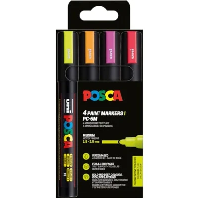 Abbildung von POSCA Uni Ball 182548 Marker Set, 4 Acrylstifte Neon PC 5M, Permanent 1,8 2,5 mm Rundspitze
