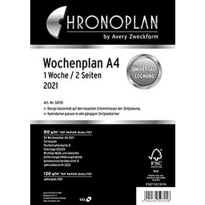 Abbildung von Chronoplan 50701 Kalendereinlage 2021, Wochenplan A4 in Spalten (210x297mm), Ersatzkalendarium, ideal für detaillierte Wochenplanung, 4er Lochung (1 Woche auf 2 Seiten), weiß