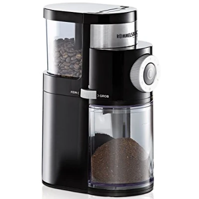 Abbildung von ROMMELSBACHER Kaffeemühle EKM 200 aromaschonendes Scheibenmahlwerk, Mahlgrad einstellbar von grob bis fein, 2 12 Portionen, Füllmenge Bohnenbehälter 250 g, 110 Watt, schwarz
