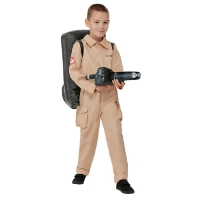 Abbildung von Smiffys Kostüm Ghostbusters für Kinder, Offiziell lizenzierter Overall mit aufblasbarem Protonenstrahler