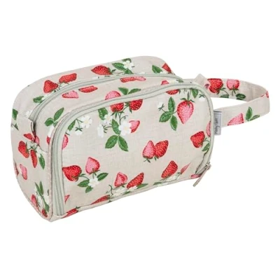 Abbildung von Hobby Gift Exklusive Häkeltasche, 100% weiche Baumwolle, Häkelnadeletui mit Reißverschluss, Garnöse, Garnhalter, Baumwollgriff, 21 x 24 10 cm Erdbeeren