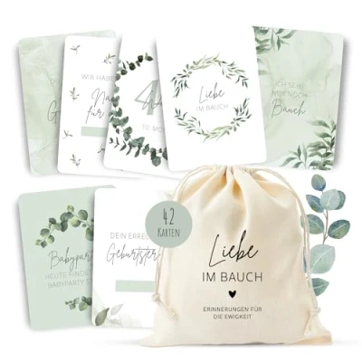 Abbildung von MeinBaby123® Meilensteinkarten Schwangerschaft Meilenstein Karten Set Geschenk zur Fotokarten für die 42 Inkl. hochwertigem Baumwollsäckchen (Eukalyptus)