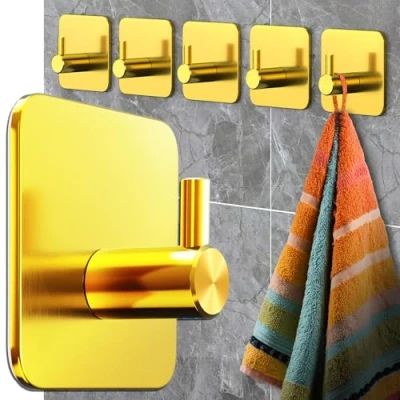 Abbildung von Menz Handtuchhalter ohne Bohren 6 Stück goldene Badezimmer Handtuchhalter, Edelstahl Klebehaken, funktionale Haken, Haken selbstklebend, Handtuchhaken für Bad, Küche, mit wasserfesten Klebepads