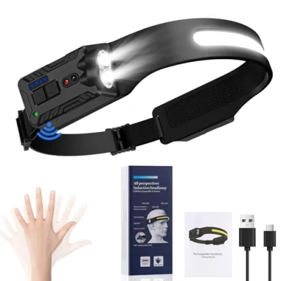 Abbildung von Oderra Stirnlampe LED Wiederaufladbar, Superleicht Kopflampe, Bewegungssensor Stirnlampe, 8 Beleuchtungsmodi mit Batterieanzeige, IPX5 Wasserdicht, Camping und Notfallscheinwerfer