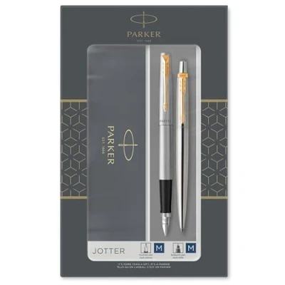 Abbildung von Parker Jotter Duo Geschenkset mit Kugelschreiber und Füller Edelstahl Goldzierteilen Nachfüllmine patronen blauer Tinte Geschenkbox
