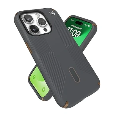 Abbildung von Speck iPhone 15 Pro Hülle ClickLock rutschfeste Interlock, MagSafe kompatibel, Fallschutzgriff Kratzfest, weiche Haptik, 6,1 Zoll Handyhülle Presidio2 Grip Anthrazitgrau/Cool Bronze/Weiß