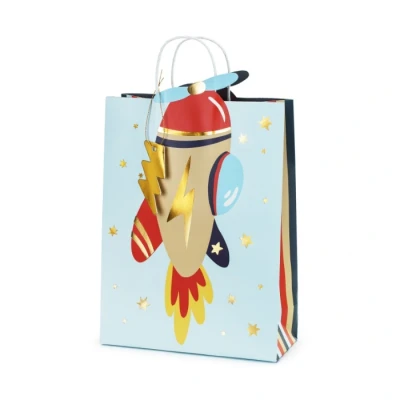 Abbildung von PartyDeco Geschenktüte Flugzeug mit Henkel 10x24x35cm // Blaue gestreifte Flugzeugmuster, 36 cm Blau Rot