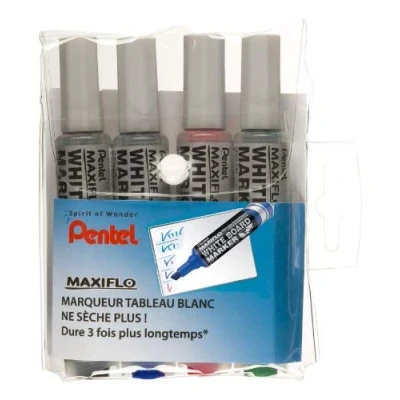 Abbildung von Pentel Maxiflow Set mit 4 Whiteboard Markern, Keilspitze, Large, Schwarz/Blau/Rot/Grün, MWL6