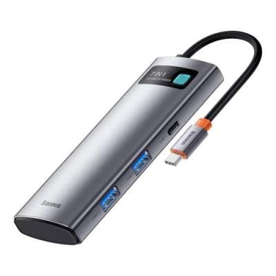 Abbildung von Baseus HUB Metal Gleam Series 7 in 1 Multifunctional (Type C to 2X USB 3.0, PD 100W / HDMI 4K 30Hz RJ45 1Gbps, Type Basic) Gray (WKWG020113)