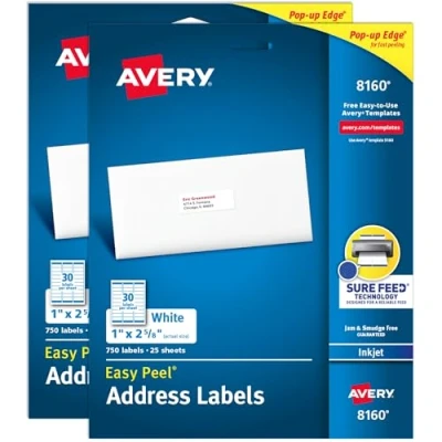 Abbildung von Avery 8160 Easy Peel Adress Etiketten für Tintenstrahldrucker, 1 x 2 5/8 Zoll, Weiß, 750 Stück (2 Stück)