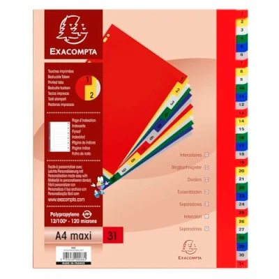 Abbildung von Exacompta Ref. 88E Karton mit 20 Registern aus Polypropylen 31 digital bedruckten von 1 bis in Farbe Indexseite bedruckbar für A4 Maxi Maße 24,5 x 29,7 cm