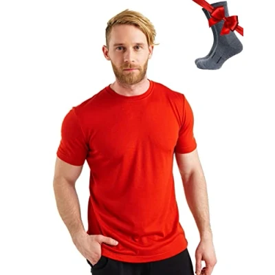 Abbildung von Merino.tech Merinowolle T Shirt Herren 100% Bio Unterhemd Leichte Basisschicht + Wanderwollsocken (XX Large, Red)
