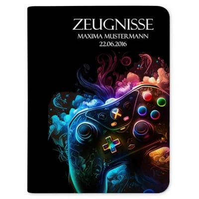 Abbildung von CreaDesign, Kinder Zeugnismappe mit Namen personalisiert, Motiv Gamer ohne Klarsichthüllen, A4, 24 x 31 1 cm, Rücken schwarz