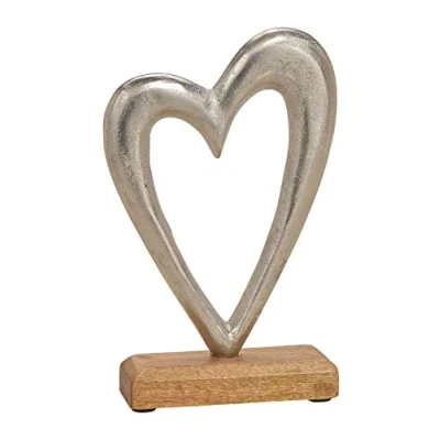 Abbildung von Spetebo Metall Herz in Silber auf Mango Holzfuß 21x14x5 cm Tisch Deko Skulptur