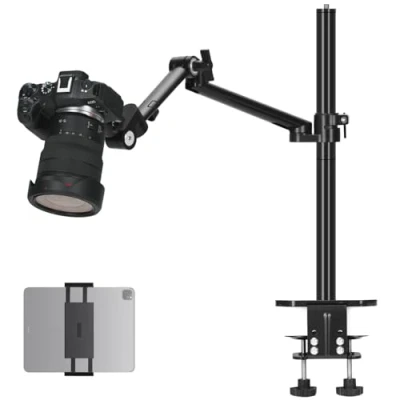 Abbildung von TARION Tischstativ Kamera Tischhalterung Klemmstativ: Overhead Stativ Tisch Halterung Flexibel Gelenkarm Tischklemmstativ mit Tablet Klemme für DSLR Kameras, Ringlichts, Handy, Webcam