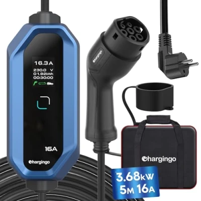 Abbildung von Chargingo Typ 2 Ladekabel Schuko 3,68kW 6 16A Einstellbarer Strom mit LCD Display, 5M Kabel, Tragbares EV Ladegerät für Allen Elektroautos IEC 62196 und CCS2 Stecker, IP65