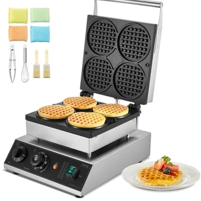 Abbildung von VEVOR kommerzielles Waffeleisen Waffelmaschine 1750 W antihaftbeschichtetes belgisches aus Edelstahl mit Temperatur und Zeitregelung, für Restaurant Bäckerei Snackbar 4 runde Waffeln