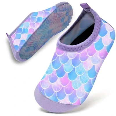Abbildung von Badeschuhe Baby Kinder Wasserschuhe Schwimmschuhe Mädchen Strandschuhe Badesoken Kleinkind Aquaschuhe Barfuss Schuhe(Blaue Lila Meerjungfrau,28/29)