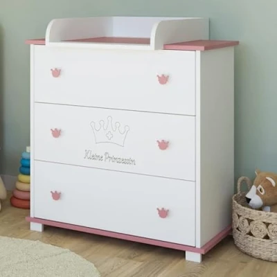 Abbildung von Kids Collective Wickelkommode Kommode Wickeltisch mit Wickelaufsatz 3 Schubladen, Kleine Prinzessin Gravur in weiss pink Mädchen Made Europe