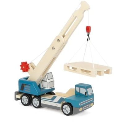 Abbildung von small foot Kranwagen mit Palette aus Holz, Spielfahrzeug für Kinder, 360 drehbarem Kran und Zubehör, ab 2 Jahren, 12639