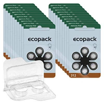 Abbildung von 120x ecopack Hörgerätebatterien 312 (Braun), 20x6er Blister 1,4V + Aufbewahrungsbox für 2 (10, 13, 312, 675), transparente Batteriebox