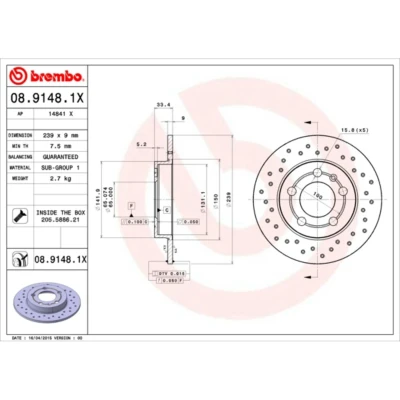 Abbildung von BREMBO XTRA LINE 08.9148.1X Bremsscheibe 239 9 5 voll, gelocht beschichtet mit Schrauben VOLKSWAGEN: Golf 4 Schrägheck, Variant, Bora Limousine