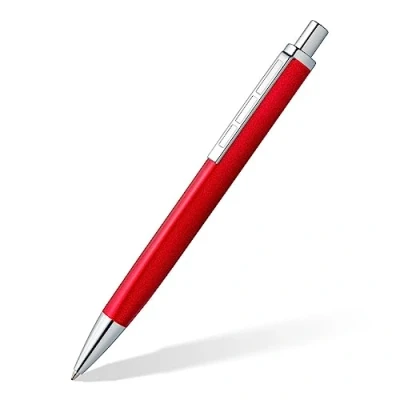 Abbildung von STAEDTLER Druckkugelschreiber triplus 444 M, Farbe Roaring Red, hochwertiges Metallgehäuse in ergonomischer Dreikantform, Großraummine Schreibfarbe Blau, M02 3