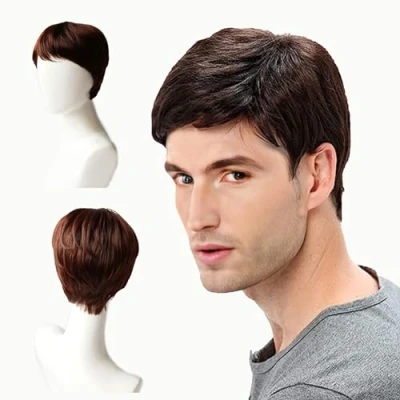 Abbildung von EUPSIIU Herren Perücke braun Kurz Haare Layered Wave Perücken mit Pony Mottoparty Fasching 70er Jahre Cosplay Kostümparty Halloween Party Men Wigs Daily Wear (Braun)