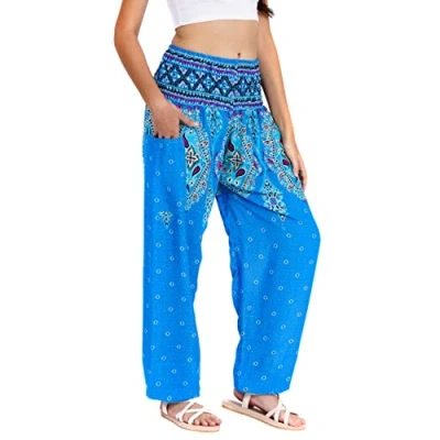 Abbildung von Lofbaz Damen Haremshose Yogahose Pumphose Hippie Hose Boho Kleidung Festival Outfit Sommerhose Leicht Sommer Hosen Floral 3 Hellblau XL