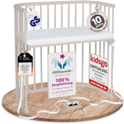 Abbildung von babybay Boxspring Beistellbett aus massivem Buchenholz/kompakt &amp; verwandelbar/Kinderbett Höhe stufenlos verstellbar umweltfreundlich/mitwachsendes Babybett (beige lackiert) / inkl. Matratze