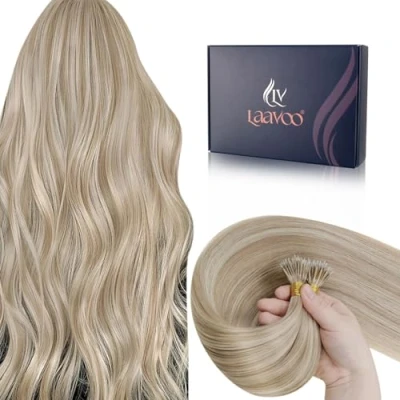 Abbildung von LaaVoo Nano Haarverlängerung Echthaar Blond Highlights 50cm Nanoring Extensions Cold Fusion Beads Pre Bonded 50G 50S Farbe #18P613