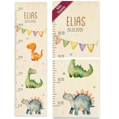 Abbildung von Messlatte Kinder Dino Dinosaurier Dinos mit Name und Datum Kindermesslatte Motiven 50 110 cm Holz