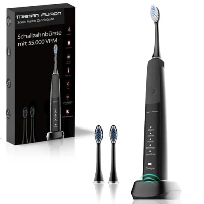 Abbildung von Tristan Auron Schallzahnbürste 55000 VPM 60 Tage Akku 2x Aufsätze 5 Putzmodi Wasserdicht Ladegerät für elektrische Zahnbürste SonicMaster (Schwarz)