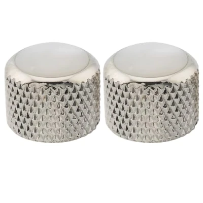 Abbildung von Musiclily Pro Metrisch 18 Zähne Stahl Potiknopf Oberfläche Perlmutt Push on Dome Knobs für Import E Gitarre oder Bass, Nickel (2 Stück)