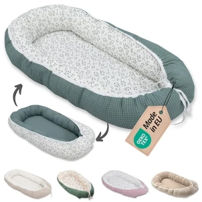 Abbildung von ULLENBOOM ® Bettnestchen Kuschelnest Baby 55x95 cm, kuscheliges Babynest, Made in EU, (1 tlg), Ideal für Neugeborene als Reisebett, Floral Grün