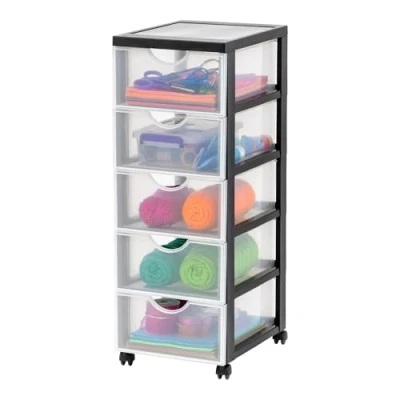 Abbildung von Iris Ohyama Kunststoff Schubladenbox mit Rollen, 5 tiefen Schubladen, Schwarz, Griffe zum Ziehen, Für Schlafzimmer, Bad, Schule &amp; Büro, BPA frei, Schubladenschrank, Rollcontainer, A4 Drawer,