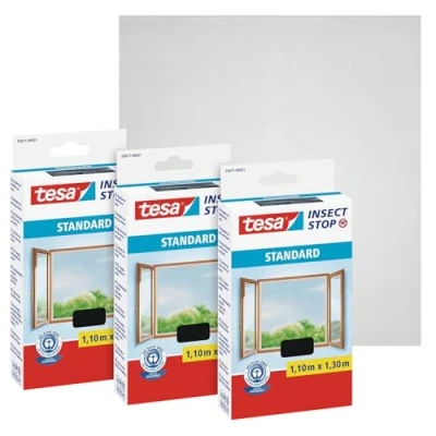 Abbildung von tesa Insect Stop Standard Fliegengitter für Fenster im 3er Pack Insektenschutz zuschneidbar Mückenschutz ohne Bohren 3 x Fliegen Netz anthrazit 110 cm 130