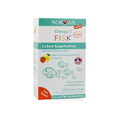 Abbildung von NORSAN Omega 3 FISK Jelly 120 hochdosiert/Omega für Kinder 250 mg pro Kaugeleedrops/Omega Öl mit EPA &amp; DHA/Tagesdosis Zitrone Erdbeer Geschmack