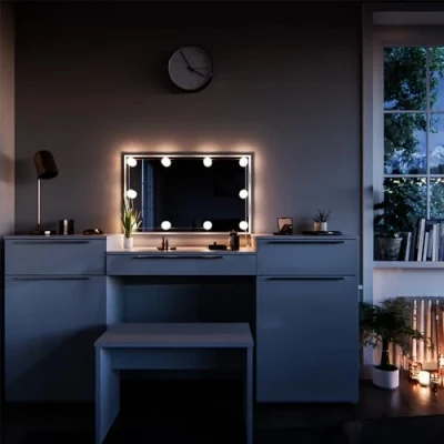 Abbildung von Vicco Schminktisch Lilli, Weiß Hochglanz, 190 cm mit LED Beleuchtung und Bank