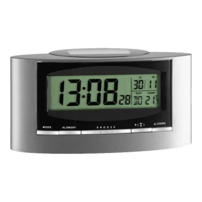 Abbildung von TFA Dostmann Digitaler Funkwecker, 98.1071,mit Temperatur, komplett solarbetrieben, Wochentag und Datum, Temperaturanzeige, Kunststoff, Silber schwarz, L 156 x B 52 H 81 mm