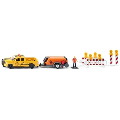 Abbildung von siku 3505, RAM 1500 Pick up mit Kompressoranhänger, Schranken und Figur, 1:50, Metall/Kunststoff, Gelb/Orange, Inkl. Spielfigur Absperrungen